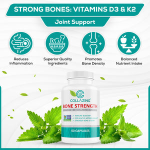 BONE STRENGTH - Vitamin K2 and D3 with Marine Collagen and Curcumin, 60 Capsules,